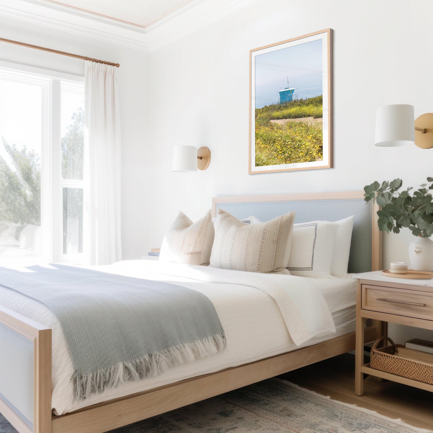 Coastal print featuring the Malibu lifeguard station with vibrant ocean and sky views.