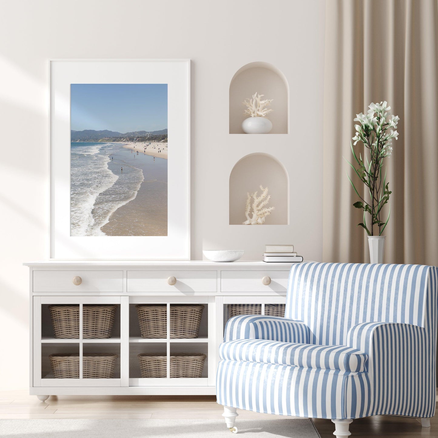 Vertical beach photo of Santa Monica with ocean waves, soft sand, and distant hills – California coast wall art