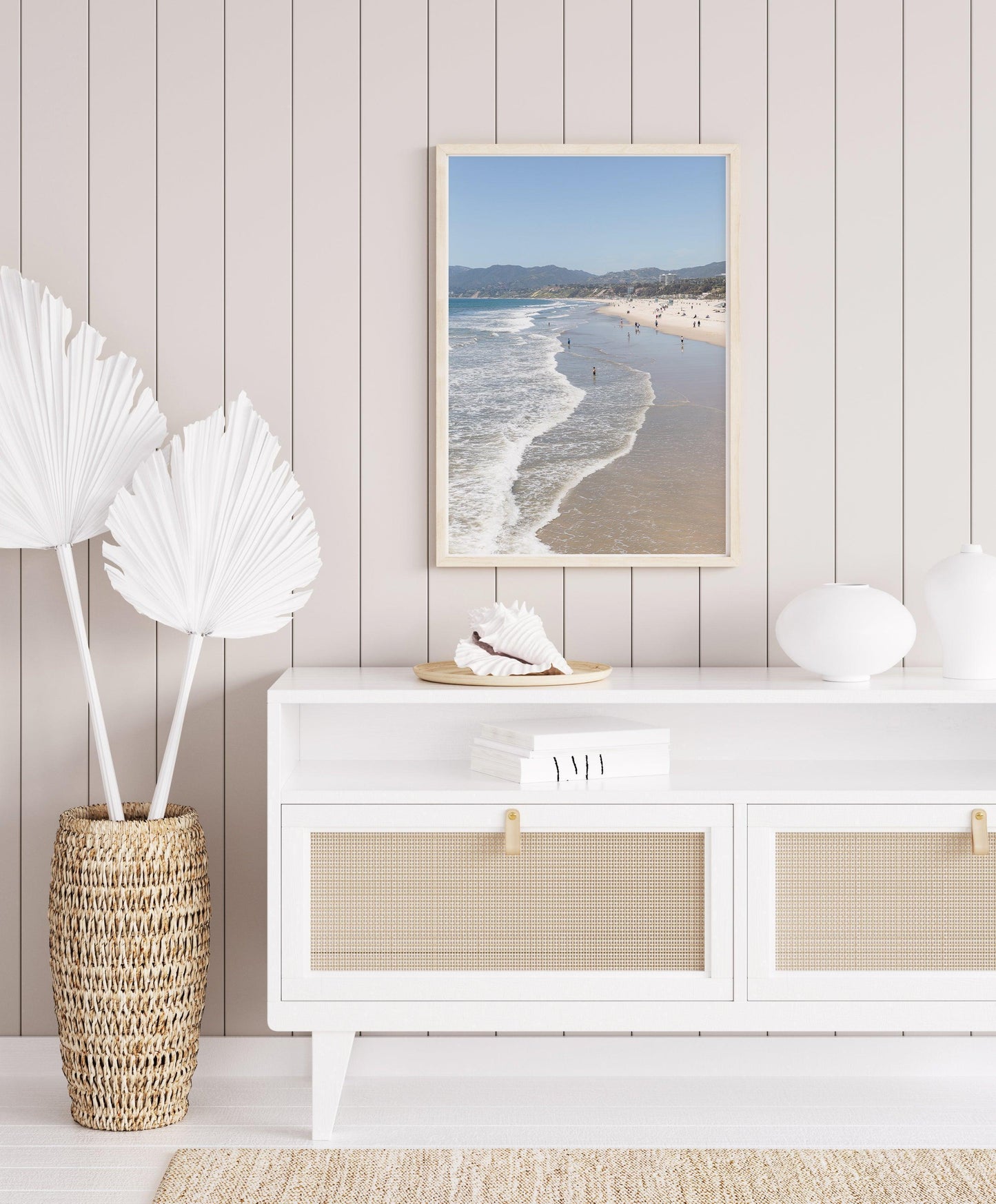 Vertical beach photo of Santa Monica with ocean waves, soft sand, and distant hills – California coast wall art
