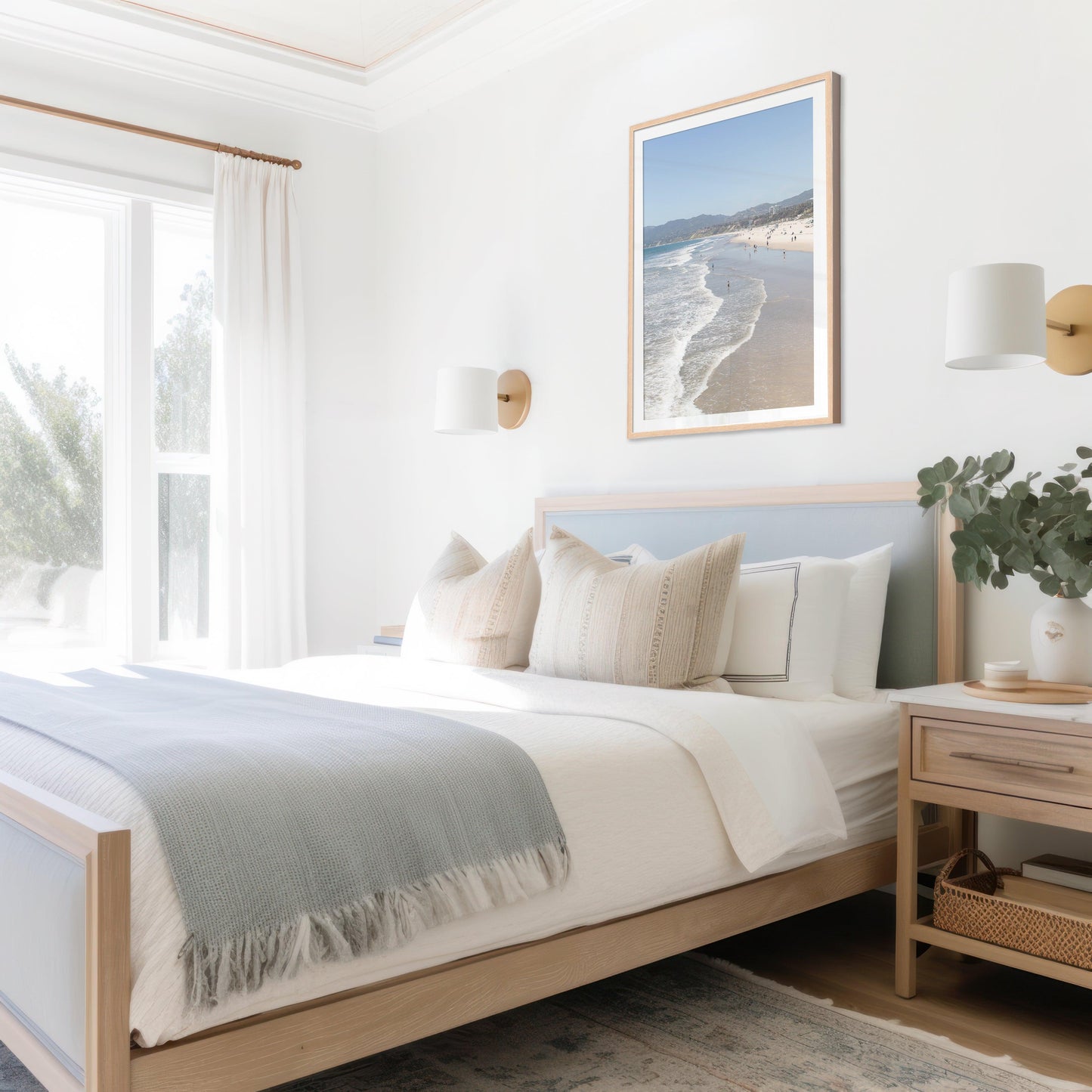 Vertical beach photo of Santa Monica with ocean waves, soft sand, and distant hills – California coast wall art