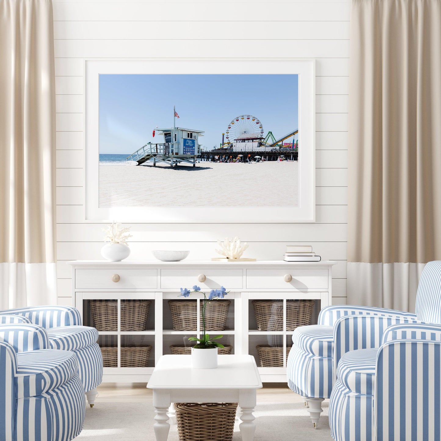 Santa Monica Pier print with Ferris wheel and lifeguard tower, capturing the coastal vibe.