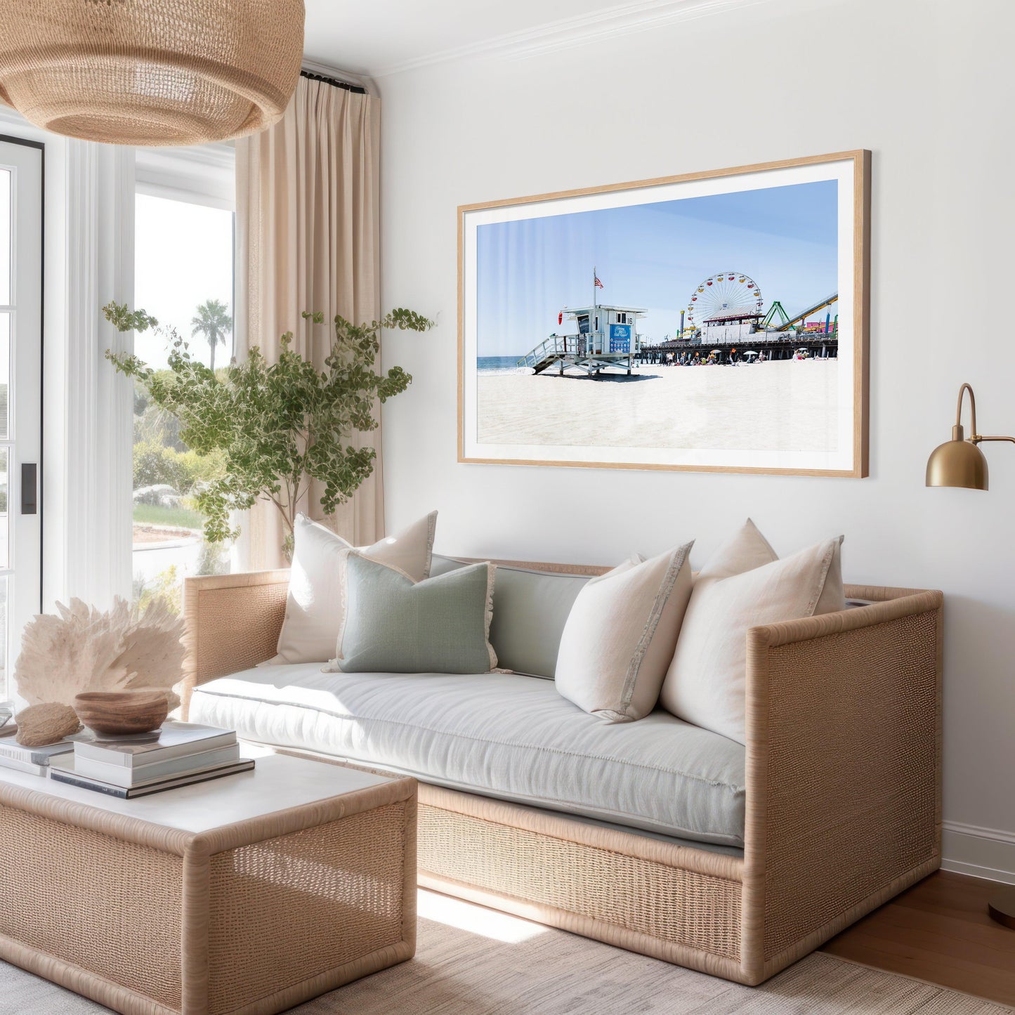 Santa Monica Pier print with Ferris wheel and lifeguard tower, capturing the coastal vibe.