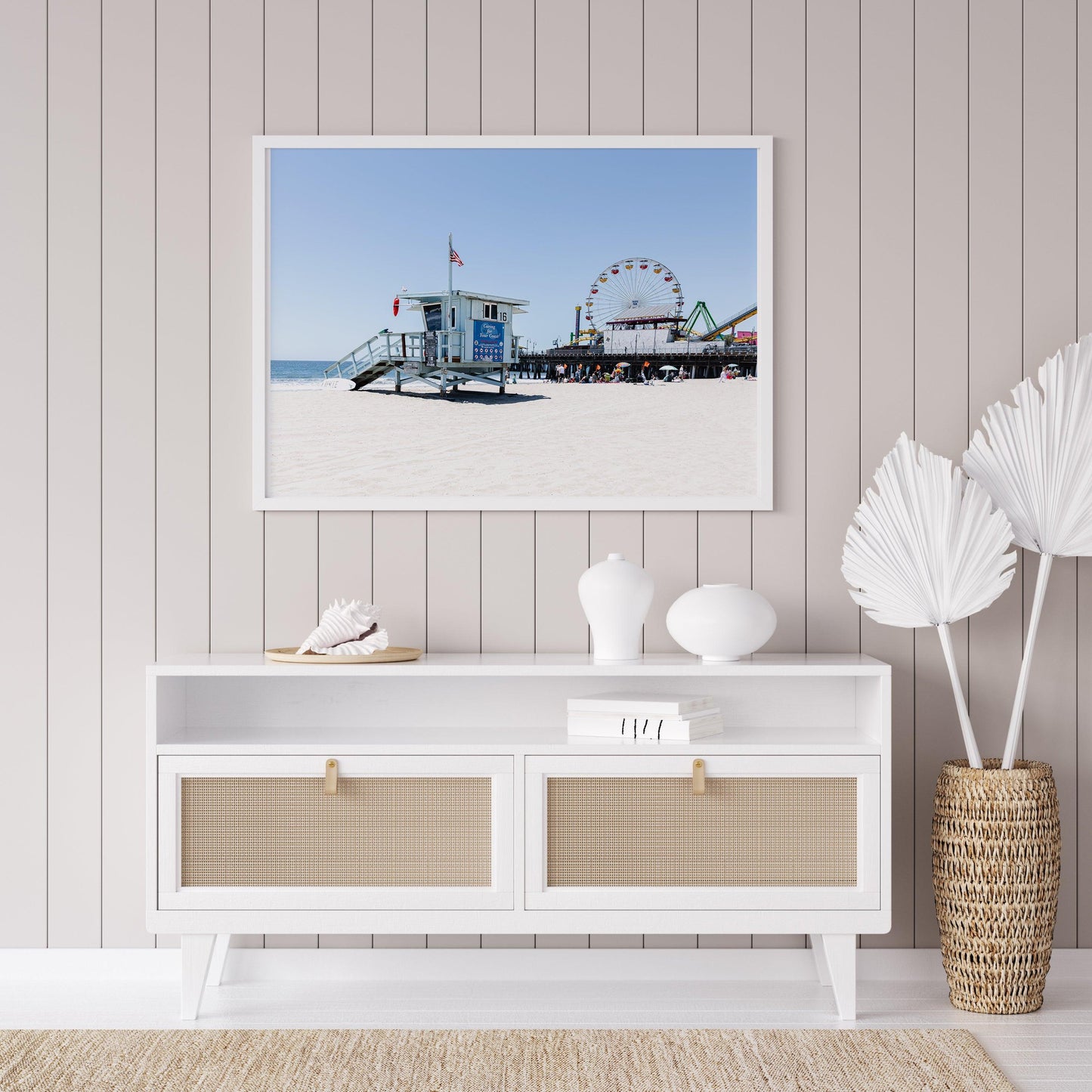 Santa Monica Pier print with Ferris wheel and lifeguard tower, capturing the coastal vibe.