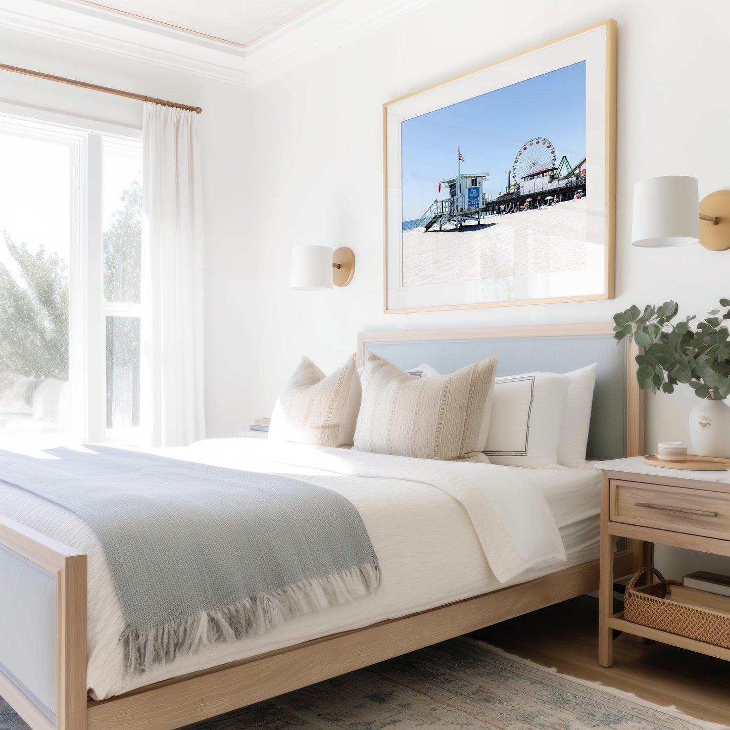 Santa Monica Pier print with Ferris wheel and lifeguard tower, capturing the coastal vibe.