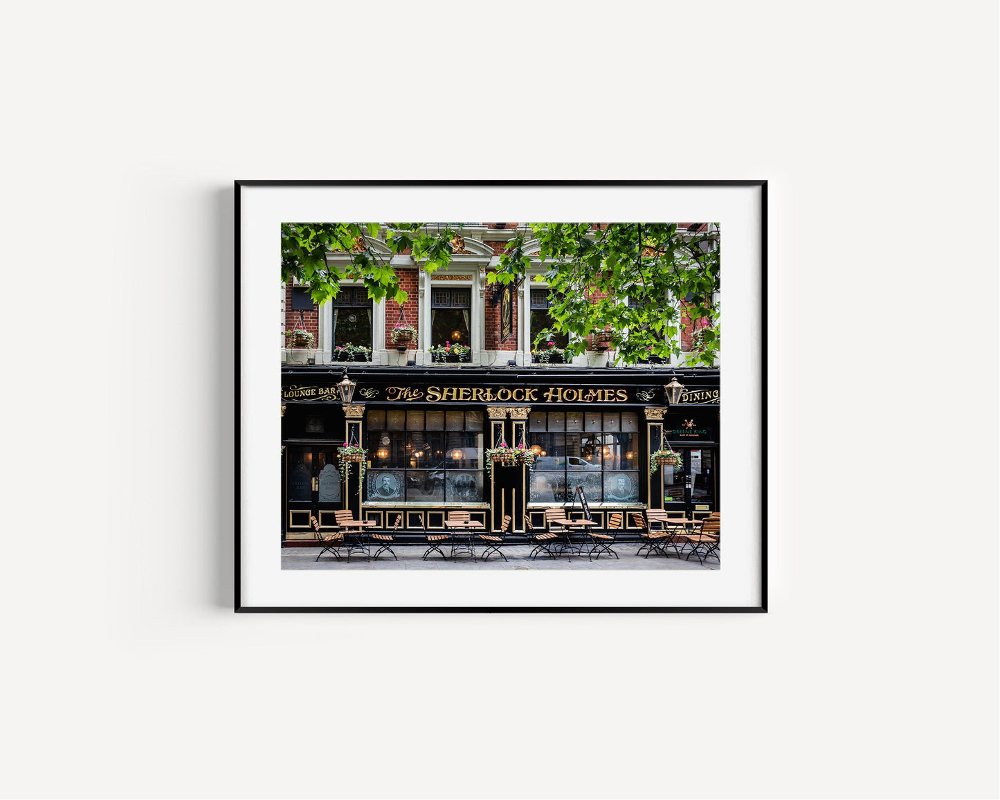 London pub print with a Sherlock Holmes theme, showcasing its quaint exterior and vintage charm.
