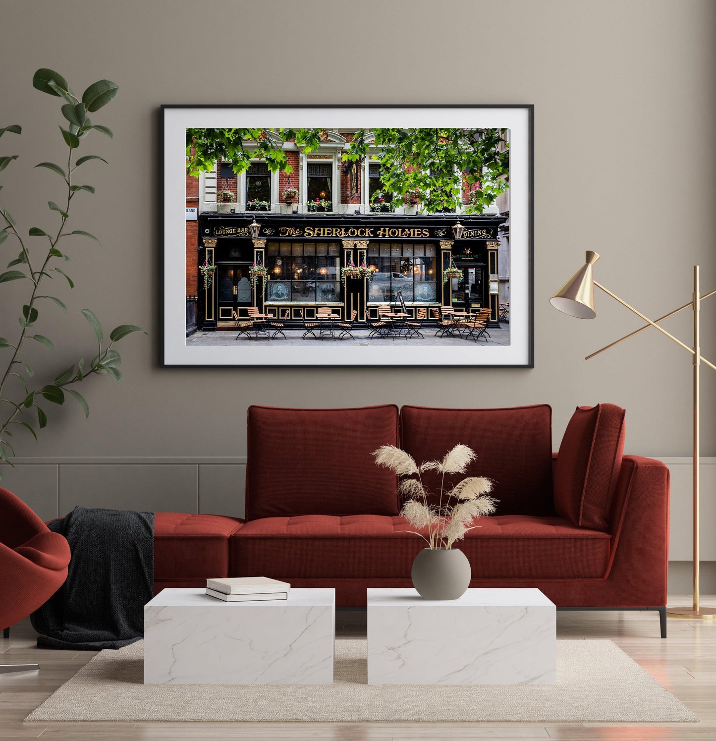London pub print with a Sherlock Holmes theme, showcasing its quaint exterior and vintage charm.