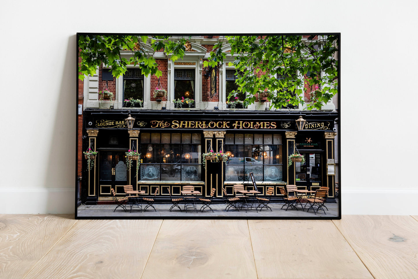 London pub print with a Sherlock Holmes theme, showcasing its quaint exterior and vintage charm.