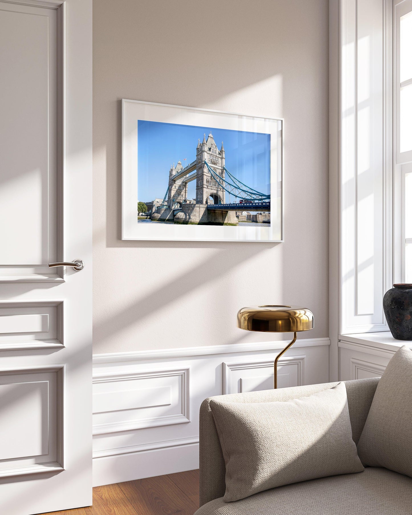 Color photo of Tower Bridge London with bright blue sky – architectural travel wall art print