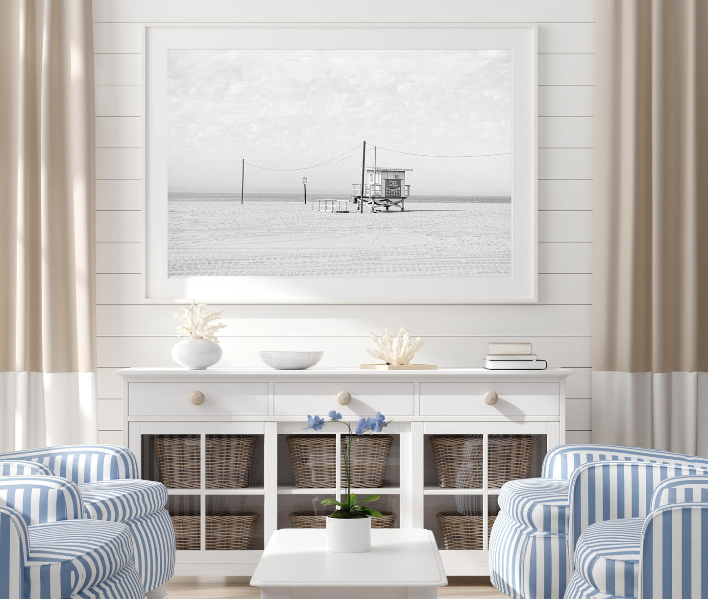 Black and white beach photo of lifeguard tower on California sand – minimalist coastal wall art
