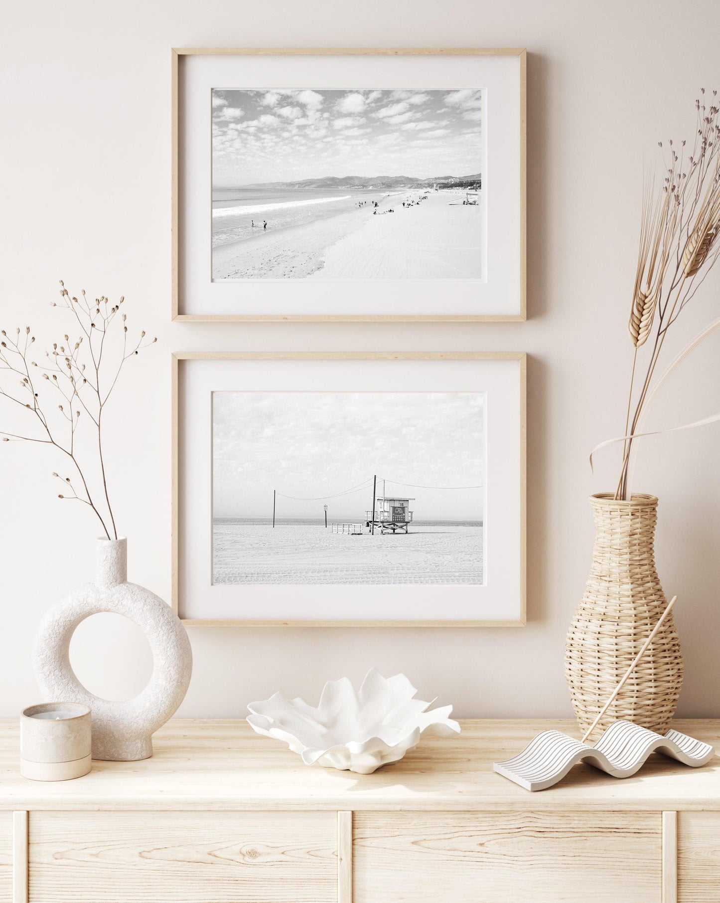 Black and white beach photo of lifeguard tower on California sand – minimalist coastal wall art