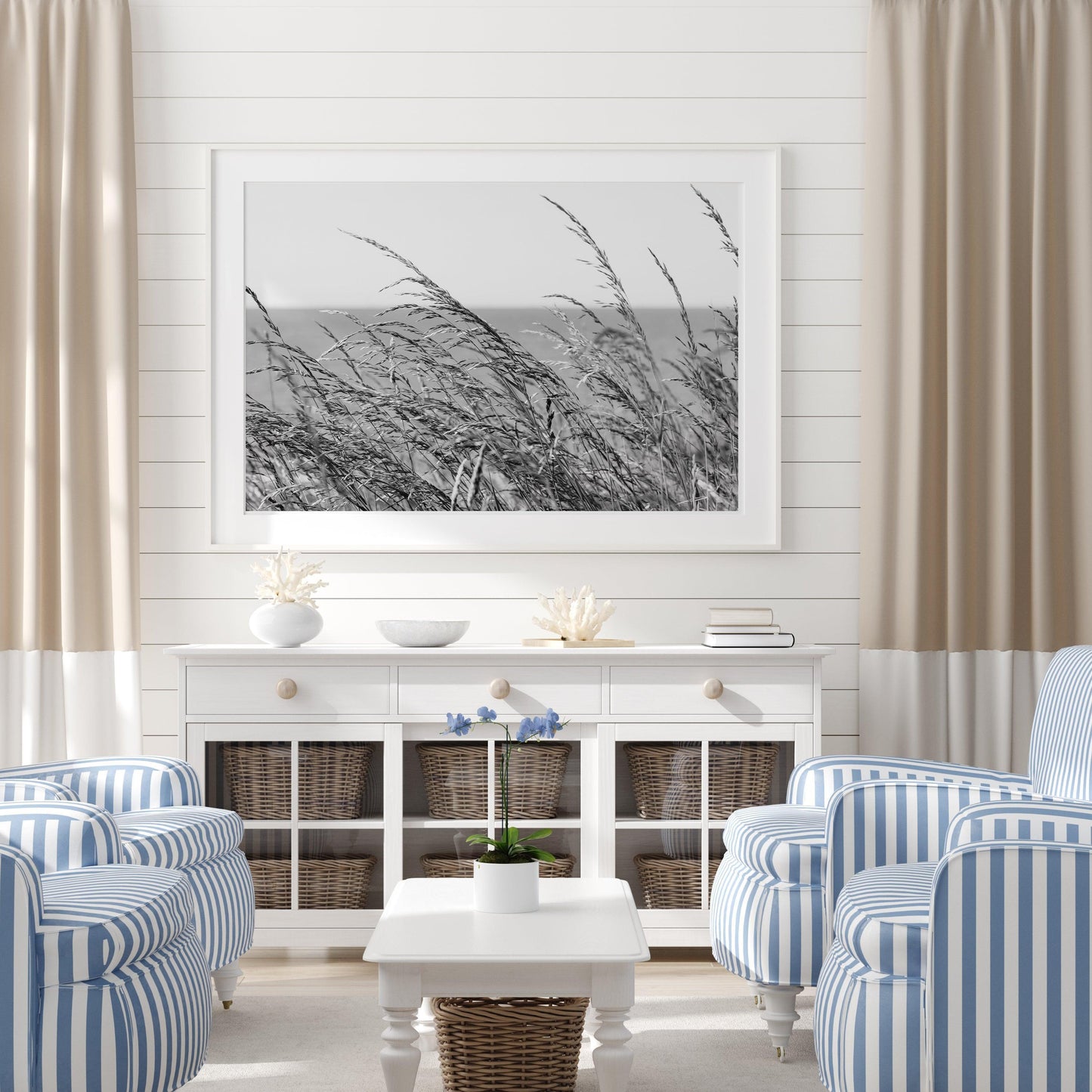 Black and white photo of tall sea oats set against a clear sky, captured on a quiet coastal day near Charleston, South Carolina.