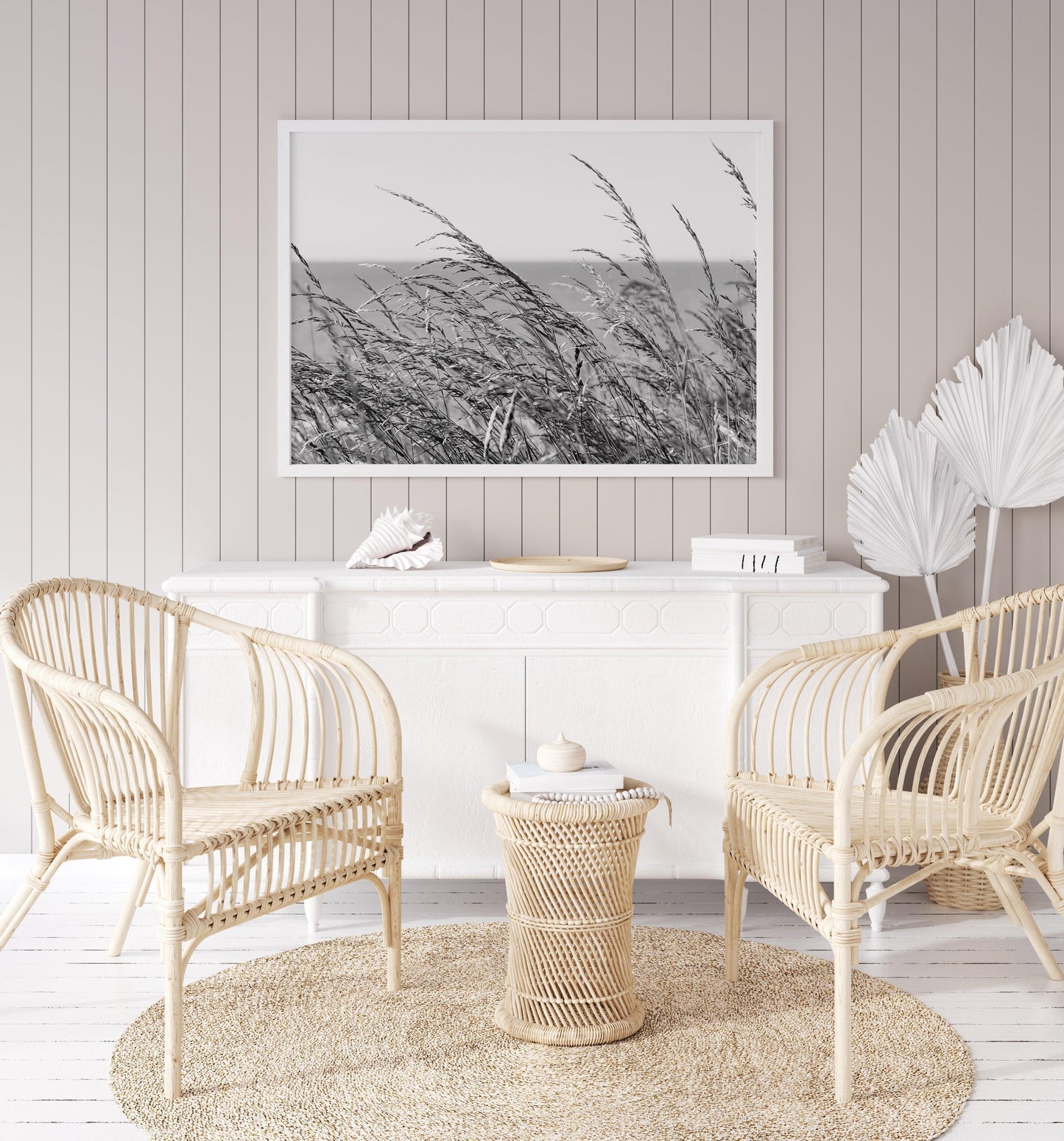 Black and white photo of tall sea oats set against a clear sky, captured on a quiet coastal day near Charleston, South Carolina.