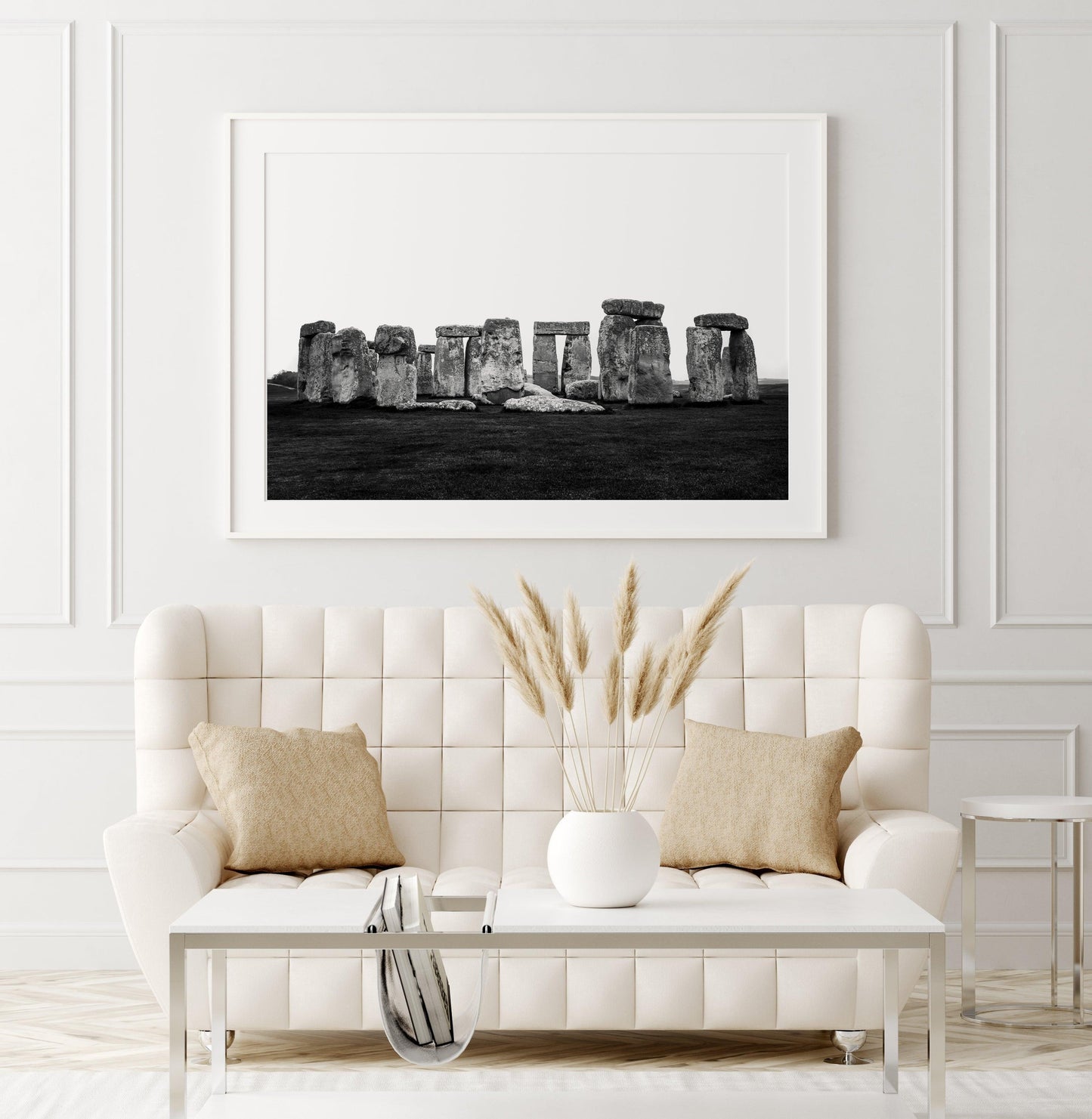 Black and white horizontal photo of Stonehenge with ancient stones against a cloudy sky – minimal neutral wall art