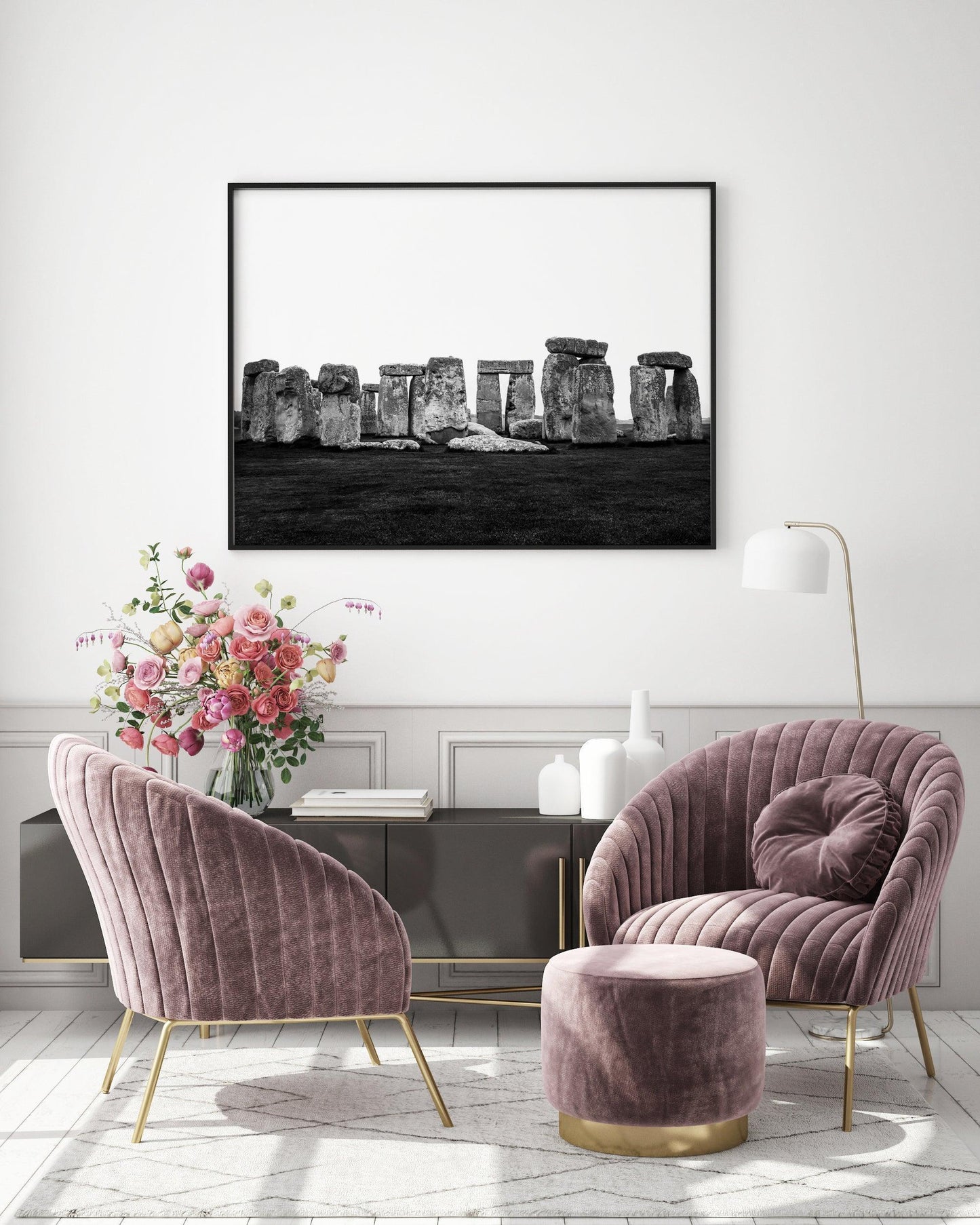 Black and white horizontal photo of Stonehenge with ancient stones against a cloudy sky – minimal neutral wall art