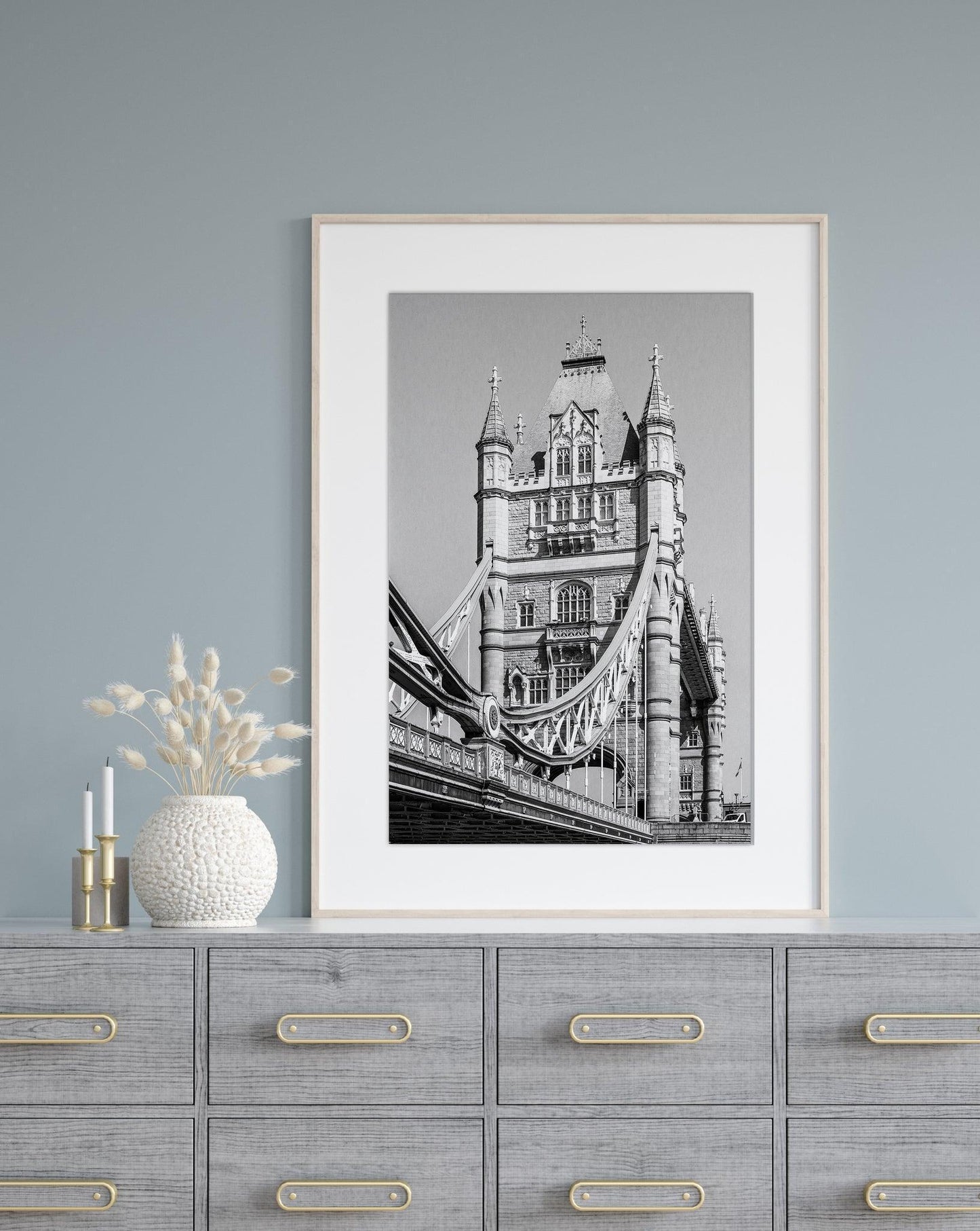 Black and white London Tower Bridge photography print – minimalist wall art travel poster