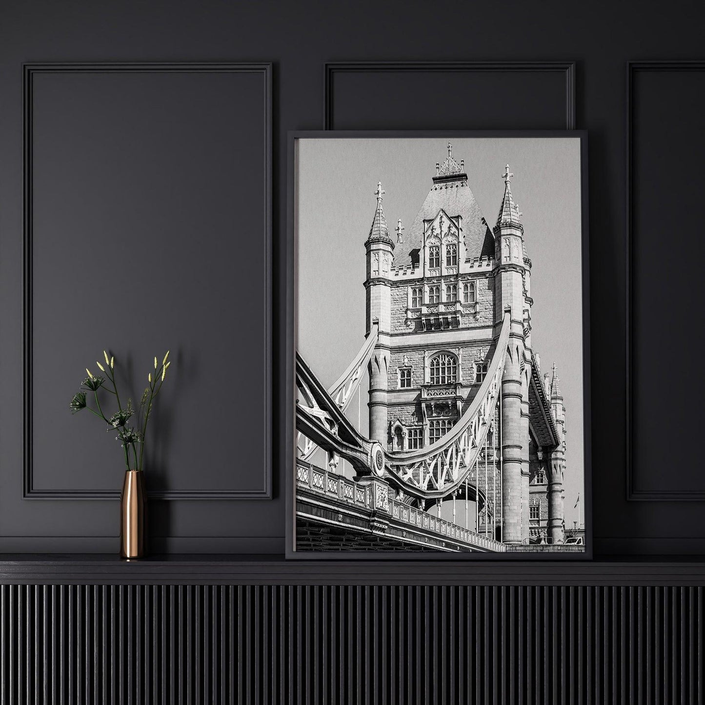 Black and white London Tower Bridge photography print – minimalist wall art travel poster