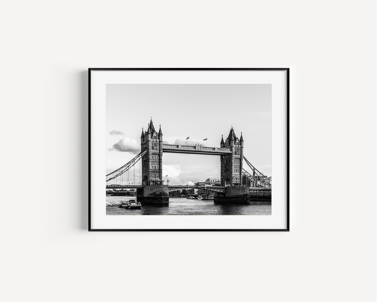 Black and white photo of Tower Bridge and River Thames – minimalist London architectural wall art