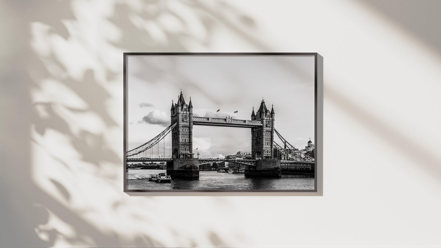 Black and white photo of Tower Bridge and River Thames – minimalist London architectural wall art