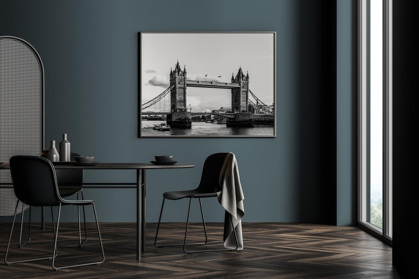 Black and white photo of Tower Bridge and River Thames – minimalist London architectural wall art