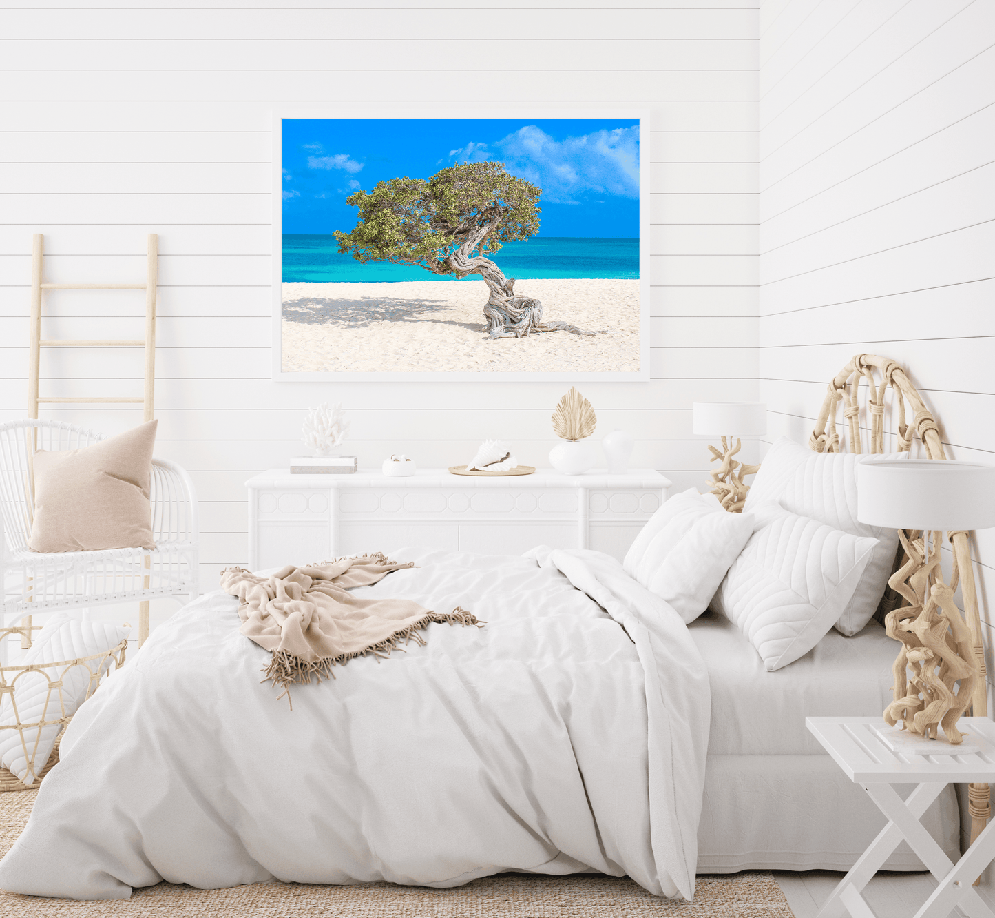 Divi Divi tree on Eagle Beach Aruba with turquoise Caribbean Sea and bright blue sky in the background — vibrant tropical wall art and beach photography print
