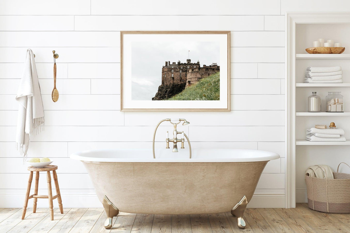 Horizontal photo of Edinburgh Castle in Scotland with stone walls, turrets, and cloudy sky – historic architecture print