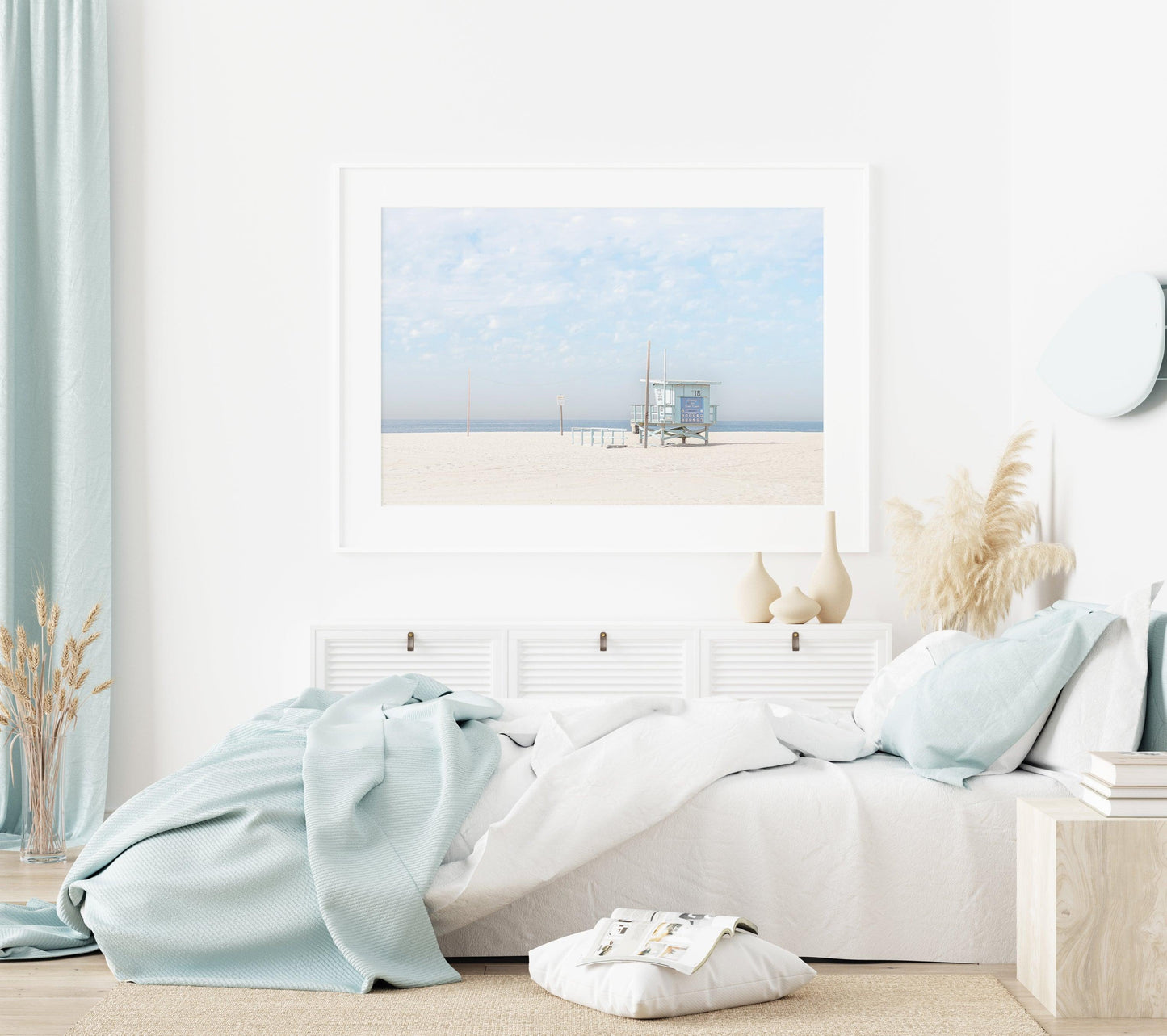 Pastel California beach photo with blue lifeguard tower and soft sand – minimalist coastal wall art