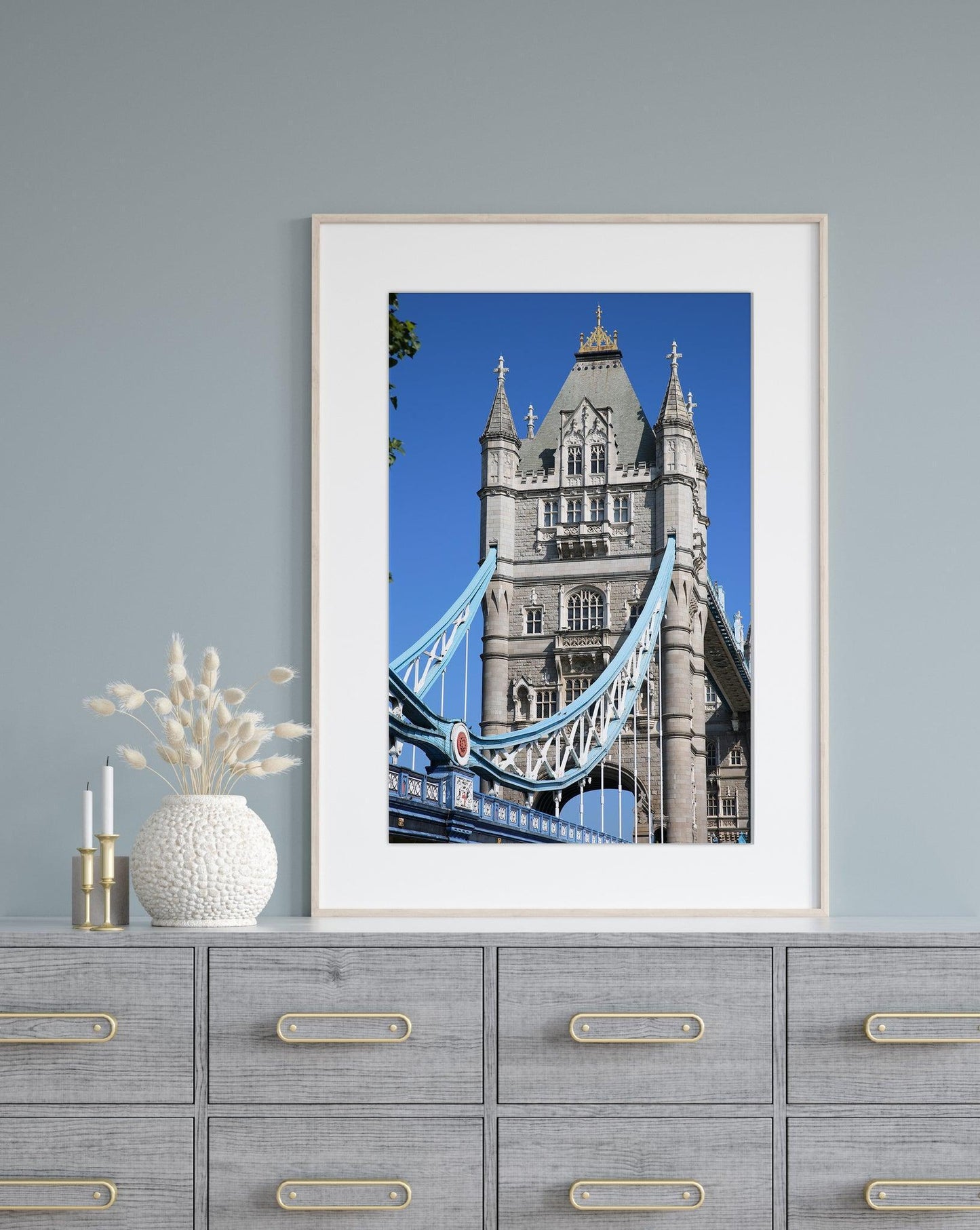Color Tower Bridge London photography print with blue sky – minimalist travel wall art