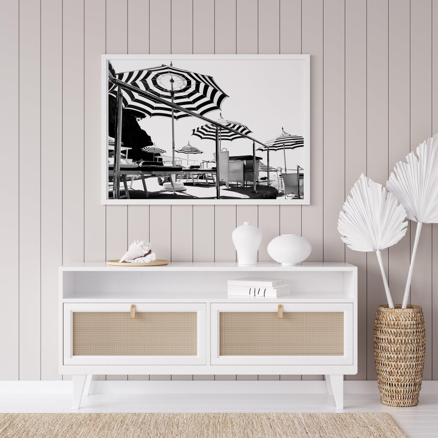 Black and White Beach Umbrellas | Positano Italy Photography Print - Departures Print Shop