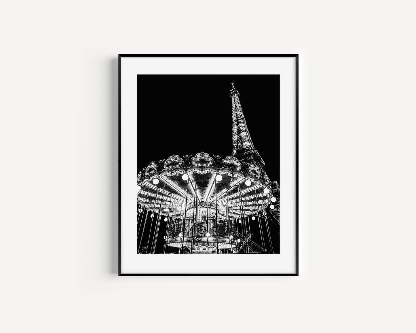 Black and White Eiffel Tower Carousel Paris Photography Print - Departures Print Shop