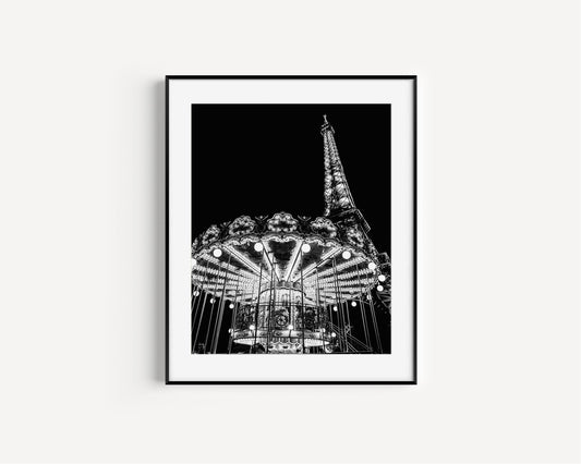 Black and White Eiffel Tower Carousel Paris Photography Print - Departures Print Shop