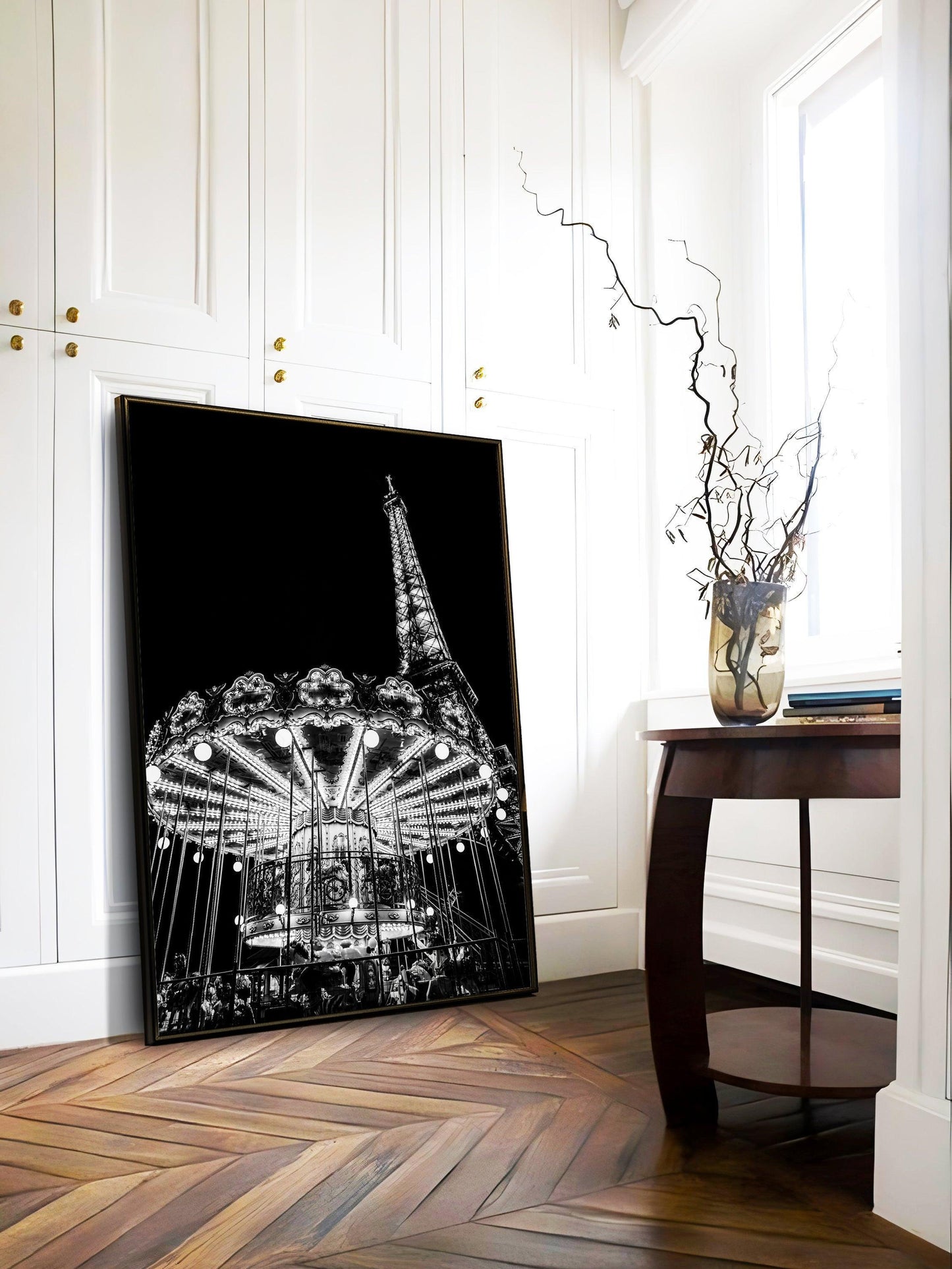 Black and White Eiffel Tower Carousel Paris Photography Print - Departures Print Shop