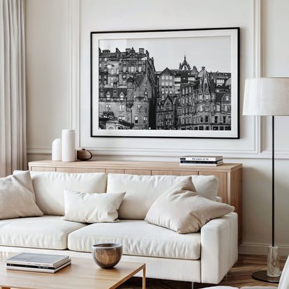 Black and white photo of historic Edinburgh buildings with gabled rooftops and stone facades – horizontal architecture print