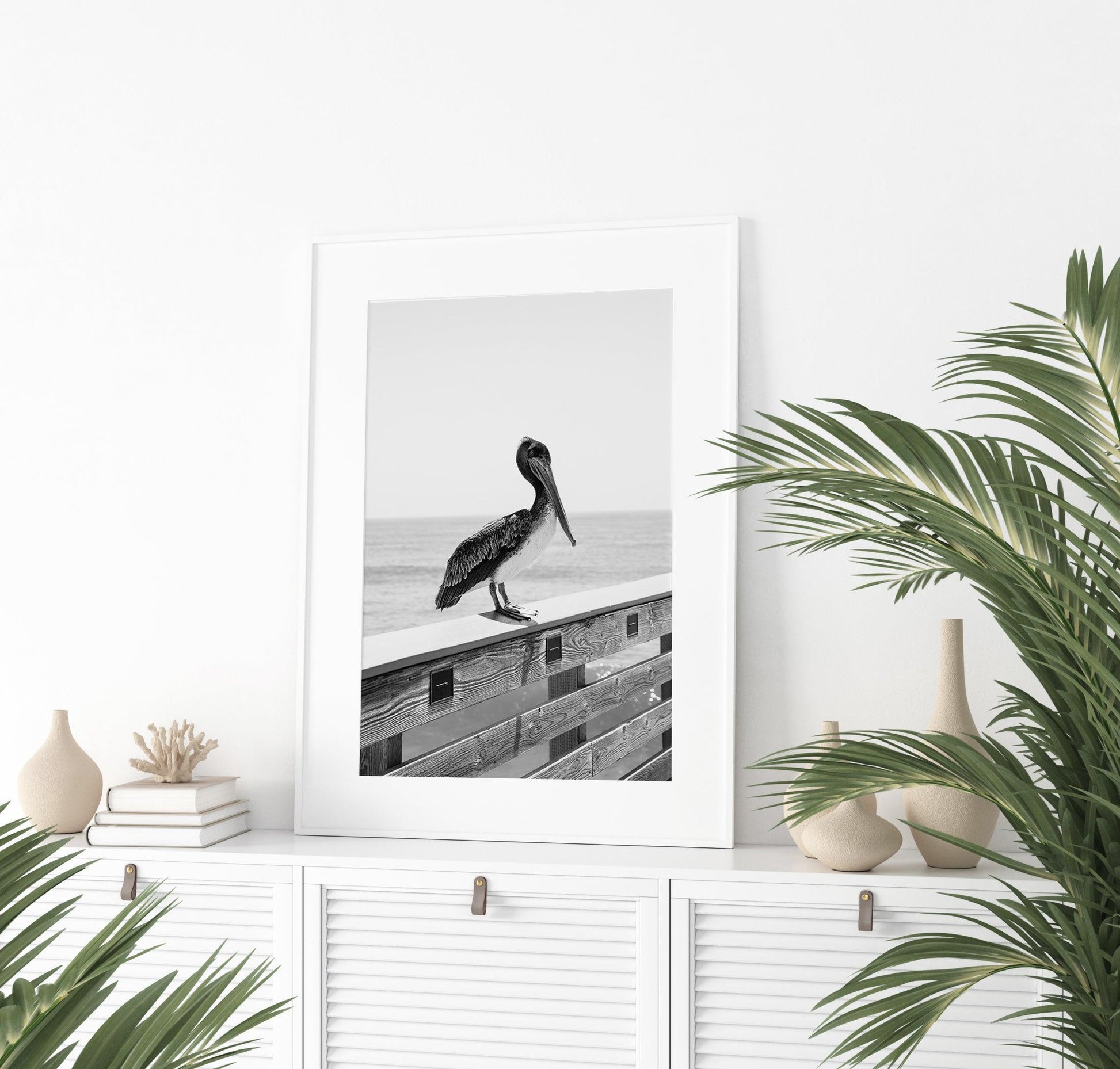 Black and White Pelican Beach Print - Departures Print Shop