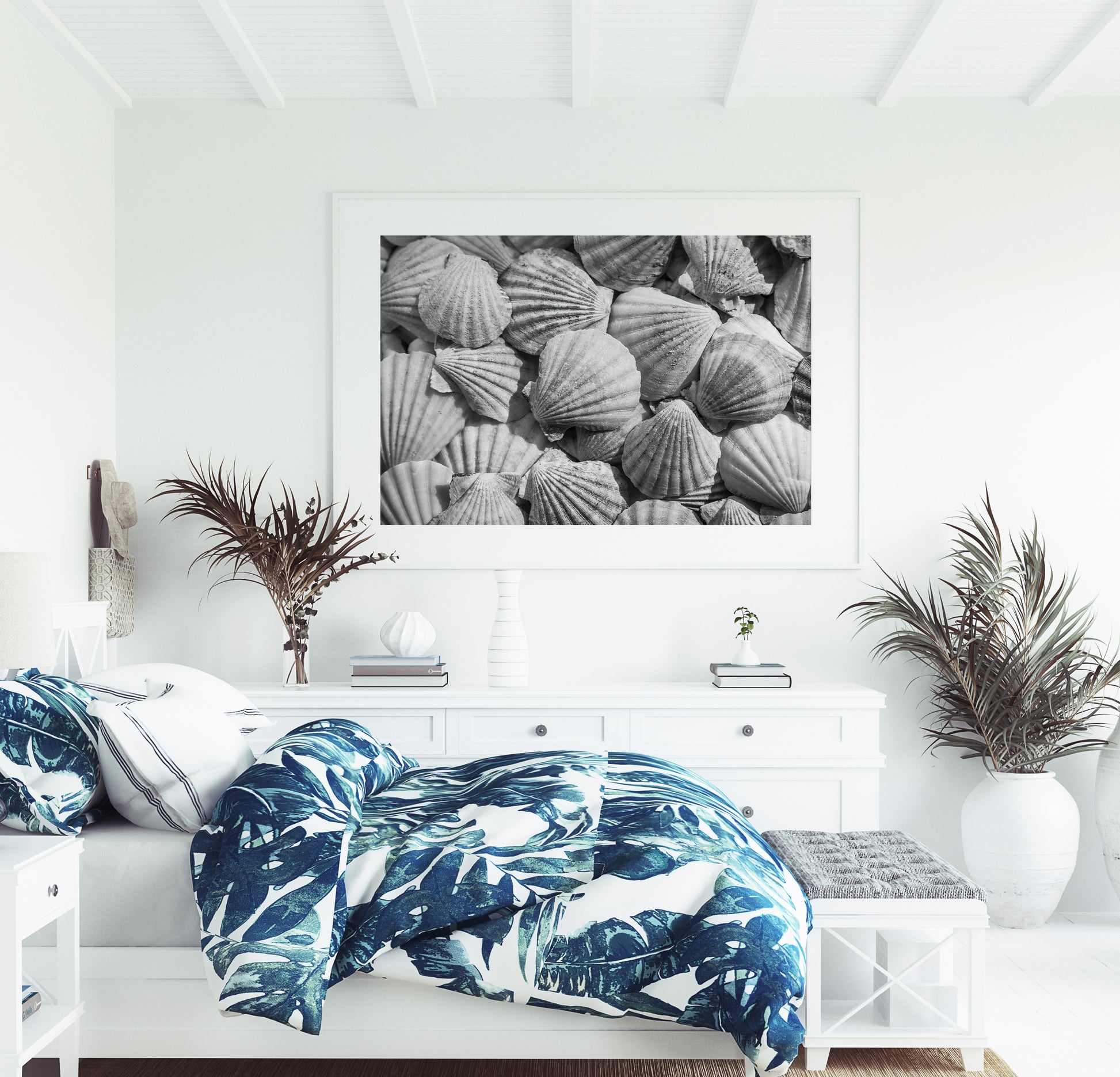 Black and white photograph of seashells arranged closely, creating a textured coastal wall art print.