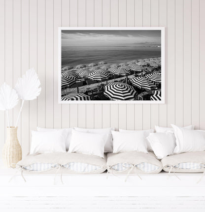 Black and White Striped Beach Umbrellas III | French Riviera Photography Print - Departures Print Shop