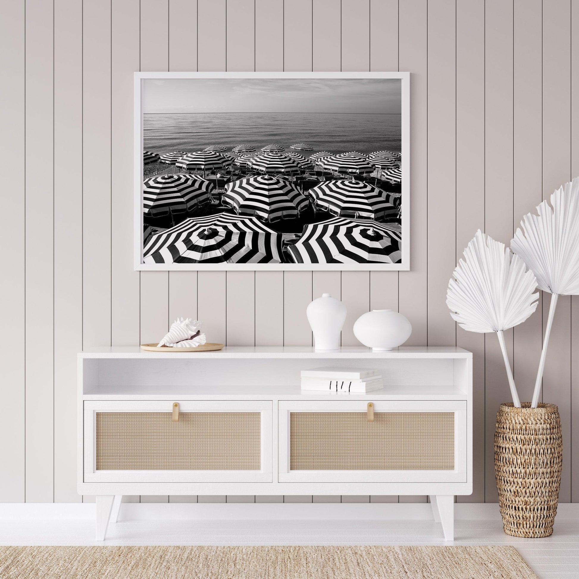 Black and White Striped Beach Umbrellas | French Riviera Photography Print - Departures Print Shop