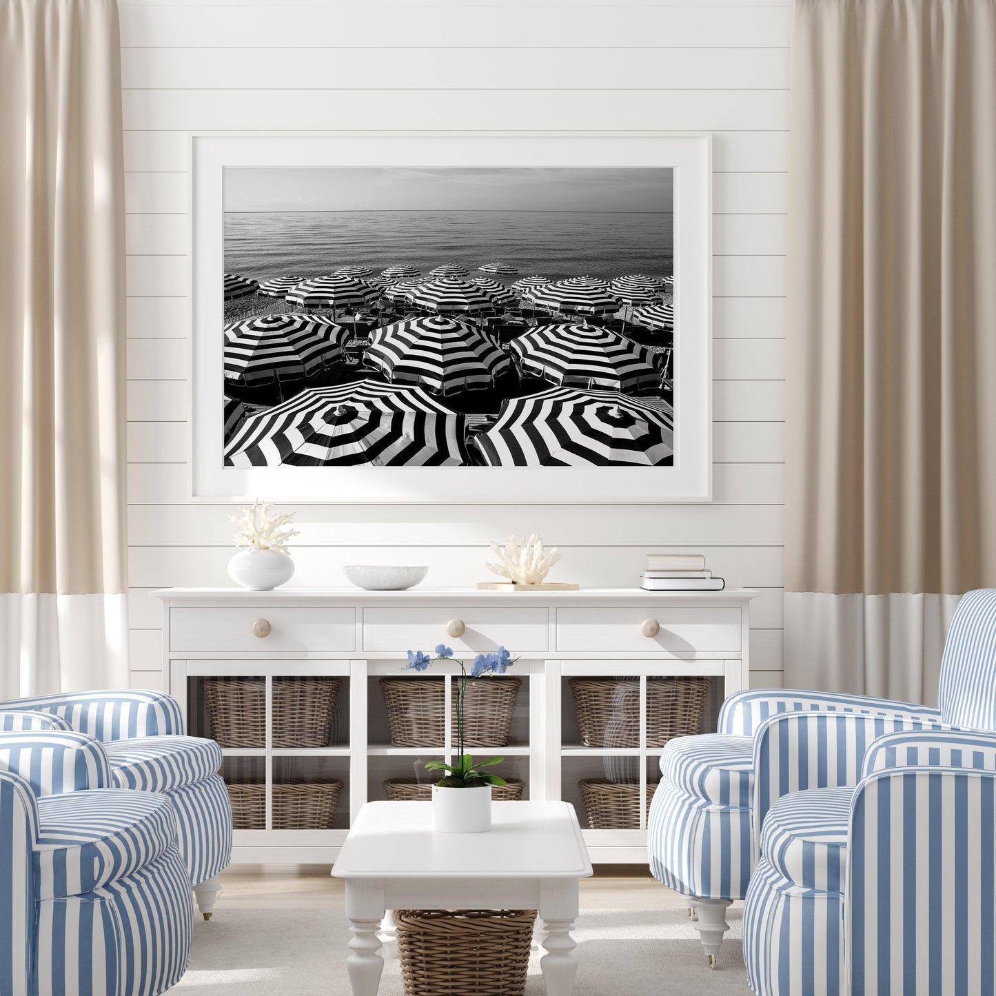 Black and White Striped Beach Umbrellas | French Riviera Photography Print - Departures Print Shop