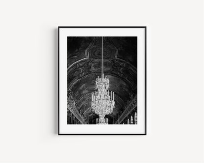 Black and White Versailles Hall of Mirrors Chandelier Photography Print II - Departures Print Shop