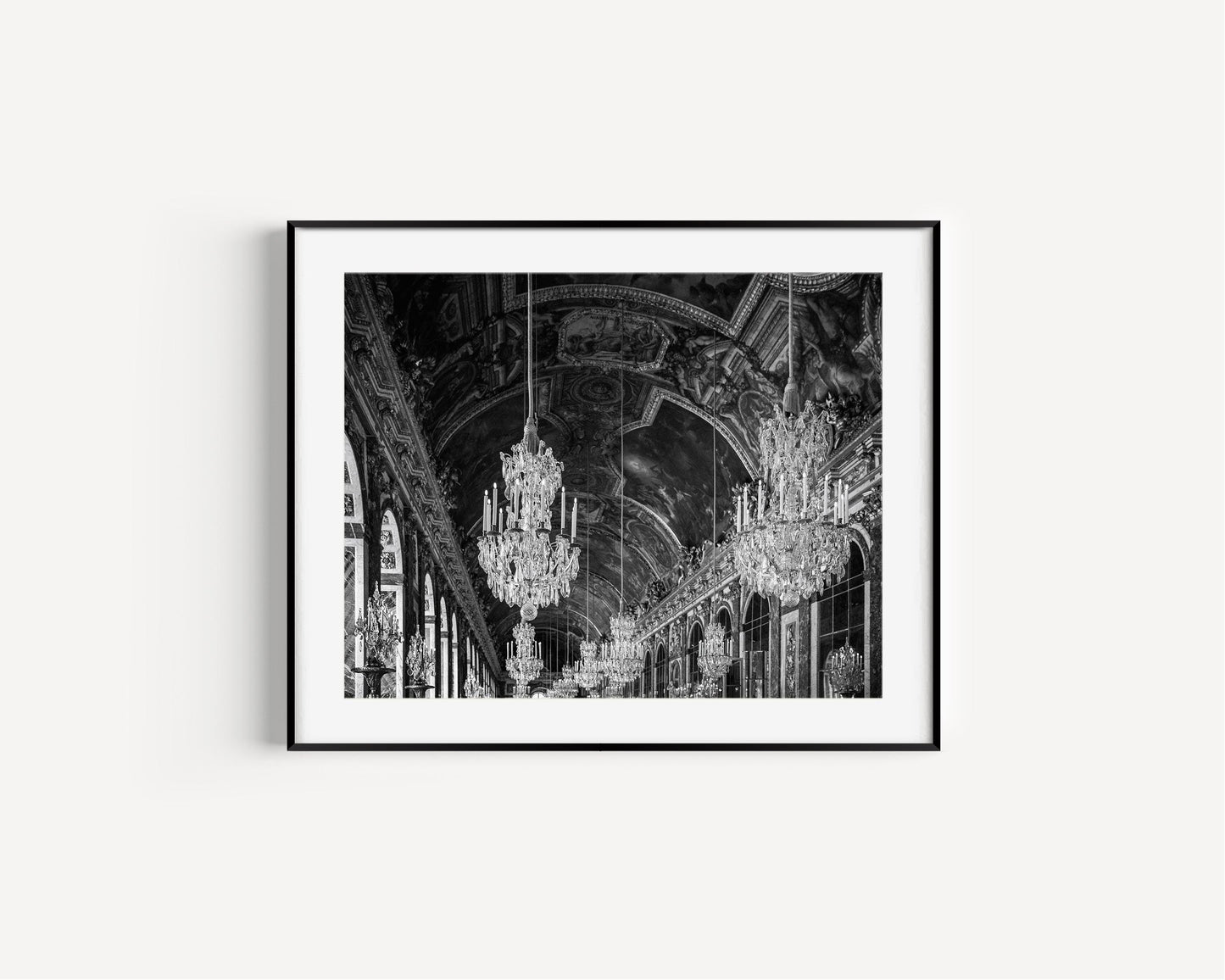 Black and White Versailles Hall of Mirrors Chandelier Photography Print III - Departures Print Shop