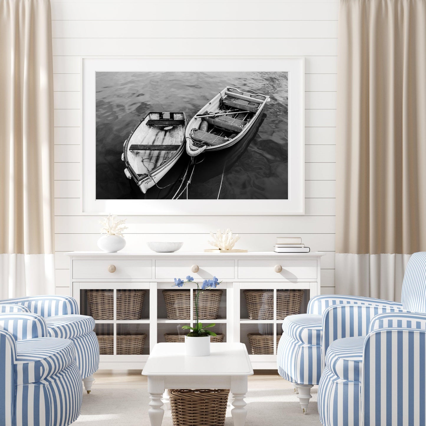 Black and White Wooden Boats Print - Departures Print Shop