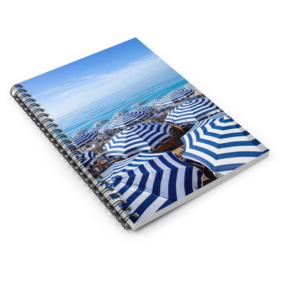 Blue and White Stripe Beach Umbrella Spiral Notebook - Departures Print Shop