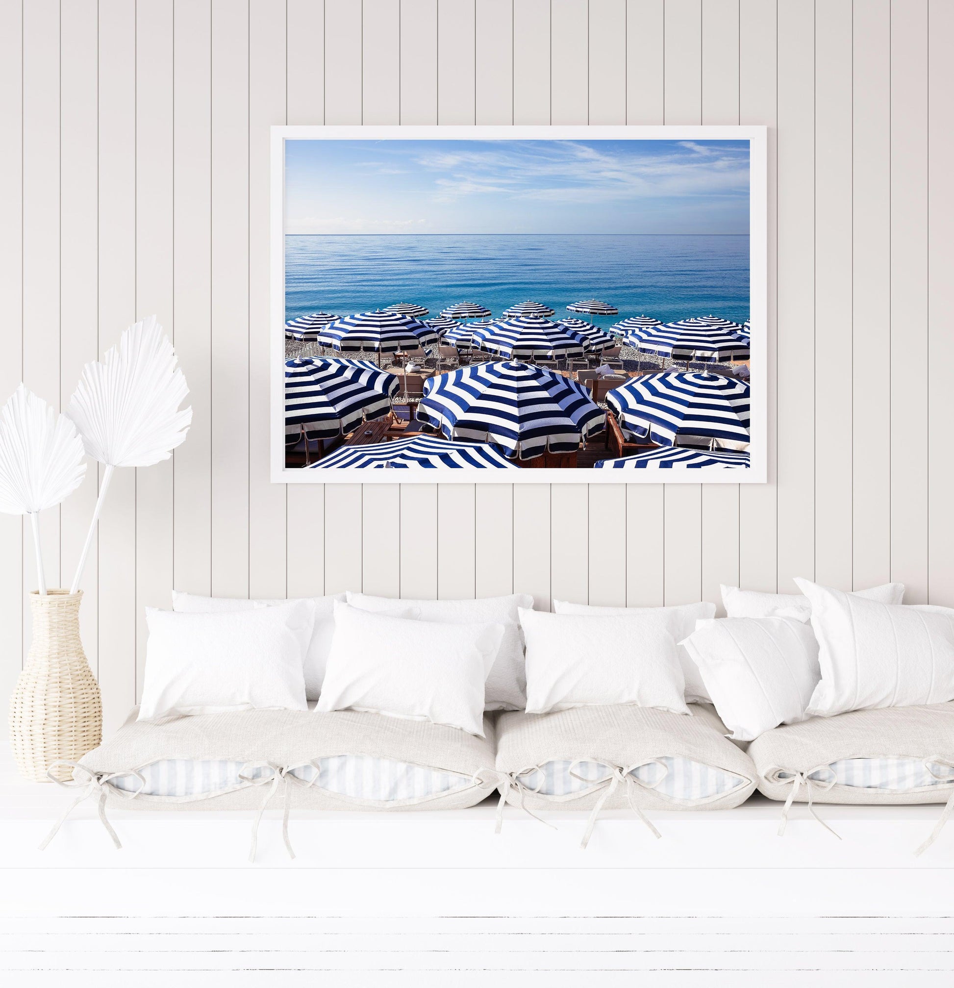 Blue and White Striped Beach Umbrellas III | French Riviera Photography Print - Departures Print Shop