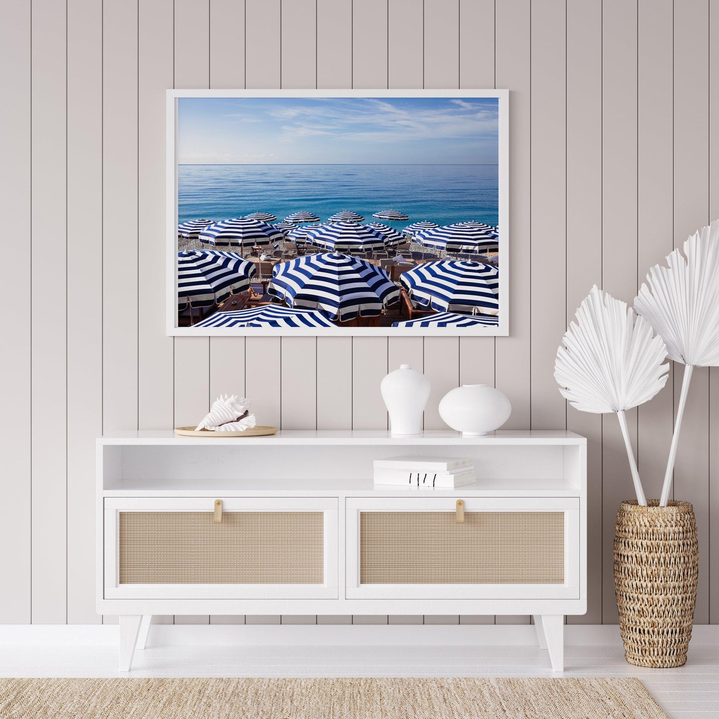 Blue and White Striped Beach Umbrellas III | French Riviera Photography Print - Departures Print Shop