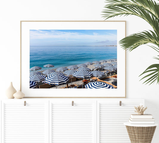 Blue and White Striped Beach Umbrellas IV | French Riviera Photography Print - Departures Print Shop