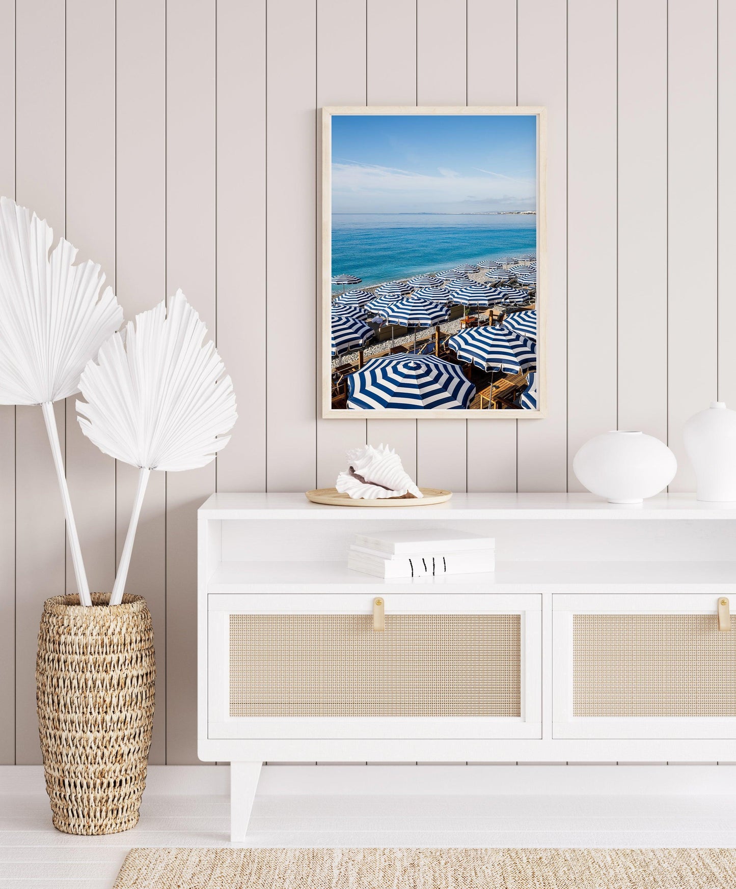 Blue and White Striped Beach Umbrellas V | French Riviera Photography Print - Departures Print Shop