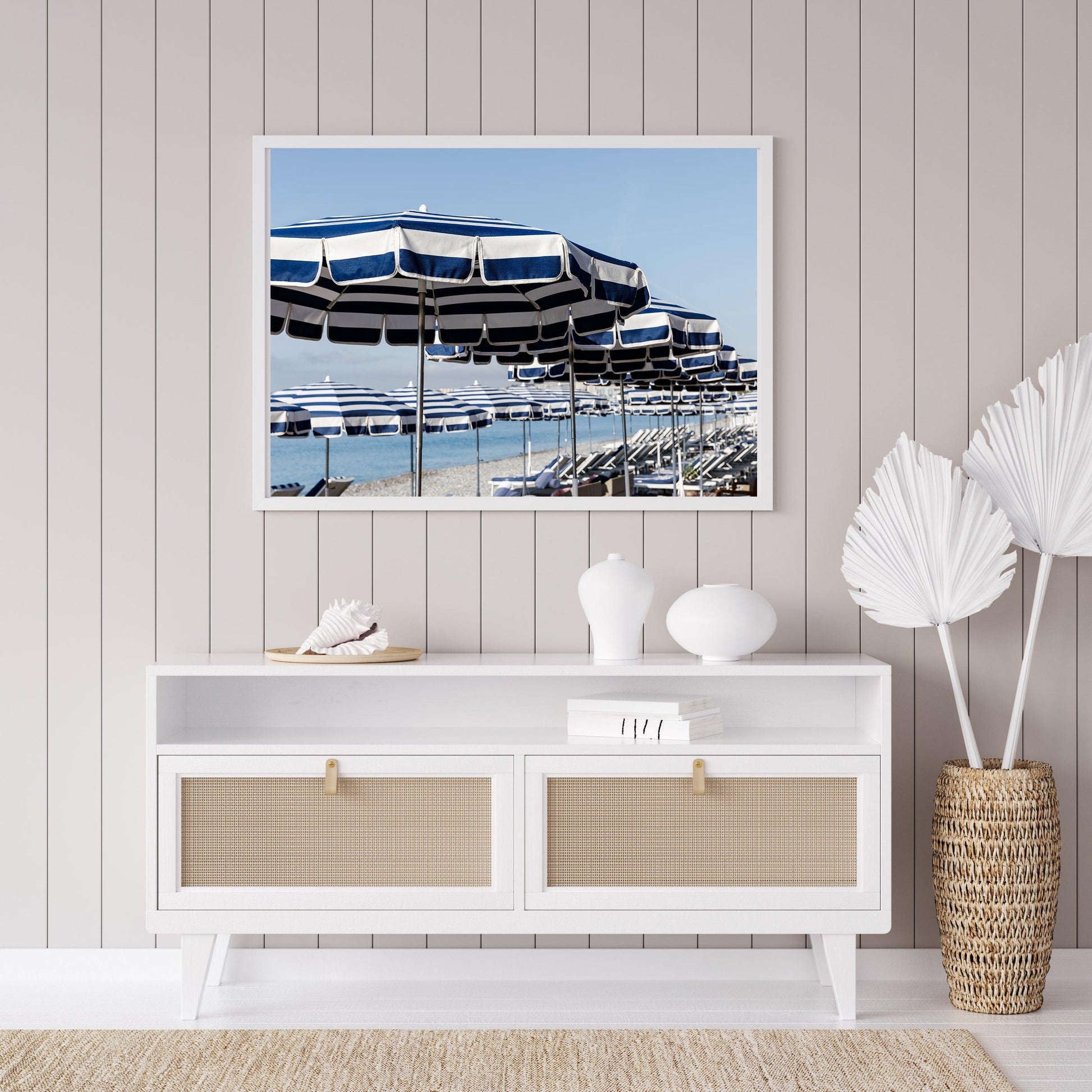 Blue and White Striped Beach Umbrellas VI | French Riviera Photography Print - Departures Print Shop