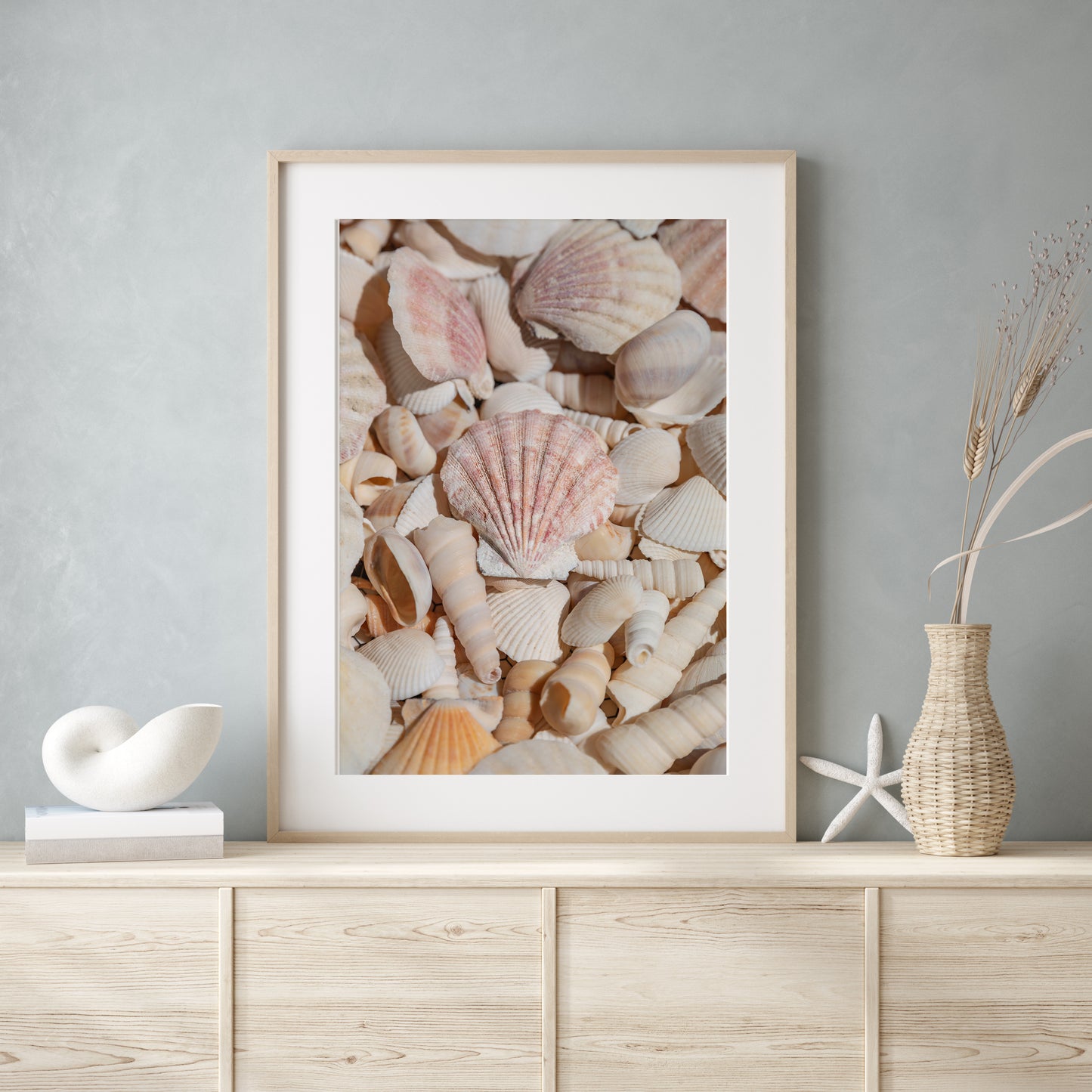 Vertical photograph of neutral-toned seashells with soft lighting and pastel shades — coastal wall art with a minimalist beach house aesthetic.