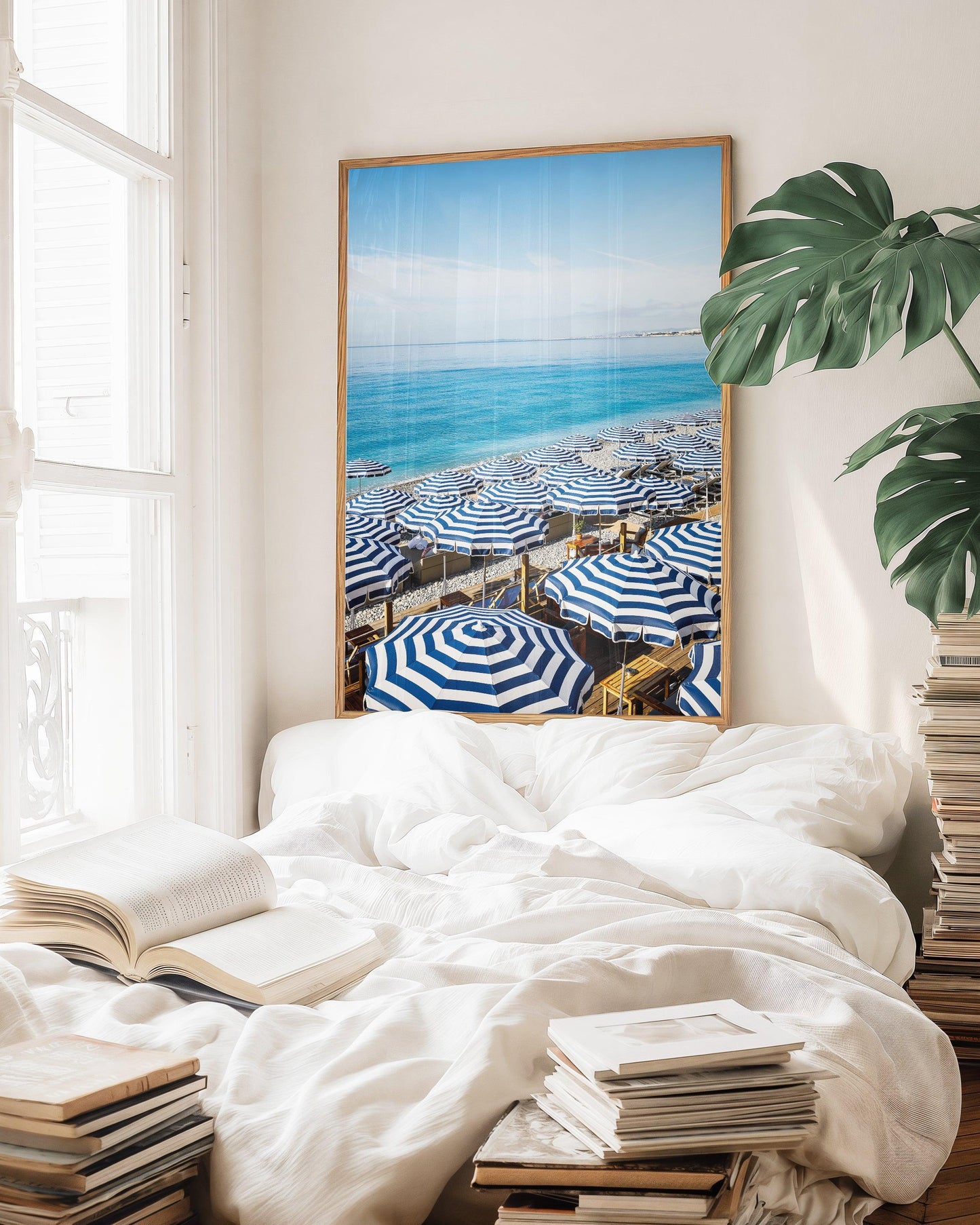 Blue and White Striped Beach Umbrella Print V