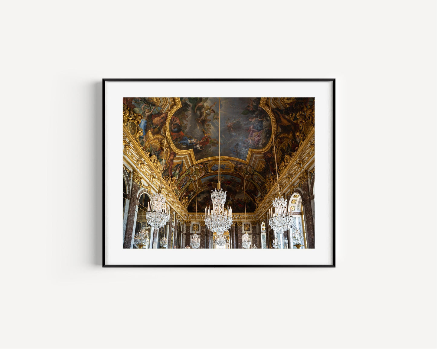 Palace of Versailles Hall of Mirrors Gold Chandelier Photography Print III - Departures Print Shop