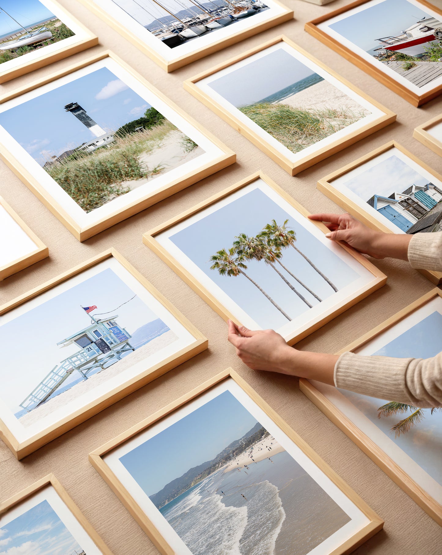 Neutral photography print of four tall palm trees with blue sky in California, minimalist beach art style, perfect for coastal and boho decor.